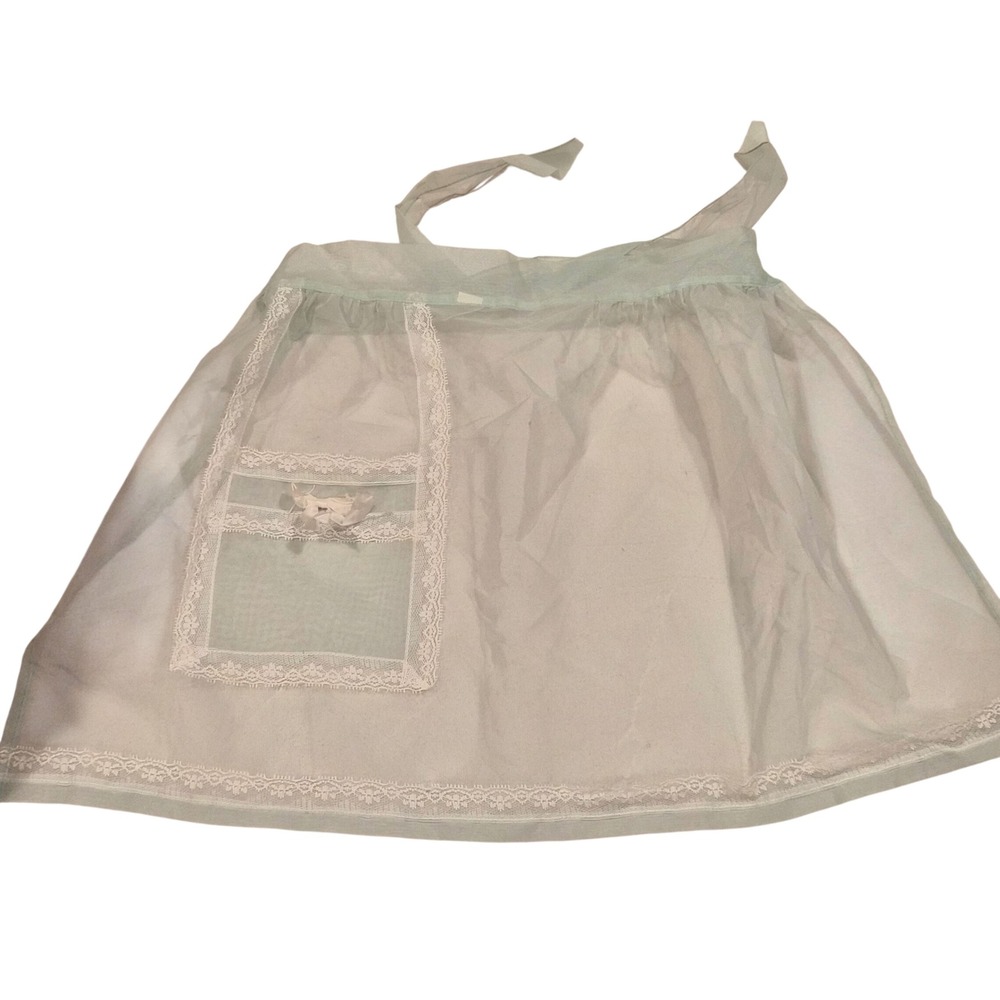 Vintage Sheer Mint Green Organza Half Apron Lace Trim Pocket Bow Mid Century